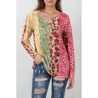 Azura Exchange Floral Leopard Mixed Print V Neck Long Sleeve Tee - M thumbnail