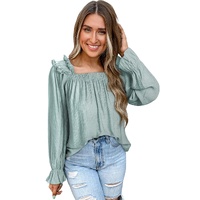Green Ruffled Square Neck Cuffs Long Sleeve Blouse - XL thumbnail