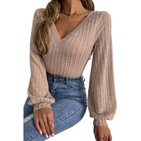 Azura Exchange Knitted Jacquard V Neck Lantern Sleeve Top - L thumbnail