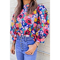 Blue Mock Neck Bubble Sleeve Floral Print Blouse - M thumbnail