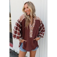 Red Floral Plaid Mixed Print Bishop Sleeve Patchwork Top - L thumbnail