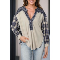 Blue Floral Plaid Mixed Print Bishop Sleeve Patchwork Top - S thumbnail