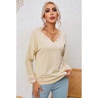 Azura Exchange Lace Trim V Neck Long Sleeve Top - 2XL thumbnail