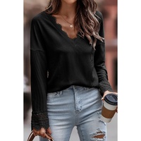Azura Exchange Ribbed Texture Lace Trim V Neck Long Sleeve Top - L thumbnail