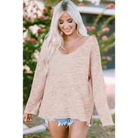 Pink Waffled Knit Long Sleeve V-Neck Frayed Top - L thumbnail