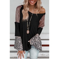 Black Sequin Patchwork Bell Sleeve V Neck Tunic Top - M thumbnail