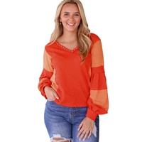 Red Studded V Neckline Exposed Seam Textured Knit Top - XL thumbnail