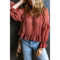 Azura Exchange Swiss Dot Lace Up V Neck Ruffled Blouse - L thumbnail