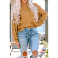 Exposed Seam Patchwork Bubble Sleeve Waffle Knit Top - L thumbnail
