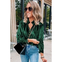 Blackish Green Frilled Neck Buttoned Front Velvet Top - L thumbnail