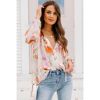 Azura Exchange Abstract Print Split Neck Puff Sleeve Blouse - S thumbnail