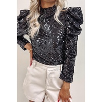 Black Sequin Mock Neck Bubble Sleeve Top - M thumbnail