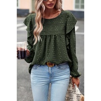 Blackish Green Lace Eyelet Ruffle Shoulder Long Sleeve Blouse - L thumbnail
