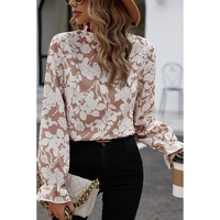 Flaxen Floral Print Frilled Neckline Flounce Sleeve Blouse - M thumbnail