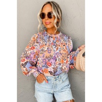 Multicolour Floral Bishop Sleeve Frilled Round Neck Blouse - S thumbnail