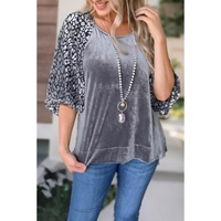 Azura Exchange Medium Grey Leopard Splicing Lantern Sleeve Velvet Blouse - L thumbnail