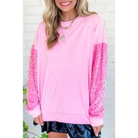 Azura Exchange Pink Sequin Patchwork Long Sleeve Pullover Top - L thumbnail