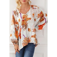 Multicolour Floral Print V Neck Babydoll Blouse - XL thumbnail