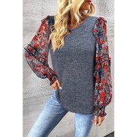 Blue Ruffle Tiered Floral Sleeve Crew Neck Blouse - M thumbnail