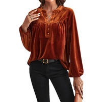 Gold Flame Lantern Sleeve Beaded Split V Neck Velvet Top - L thumbnail