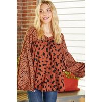 Brown Contrast Leopard Print Bubble Sleeve Blouse - L thumbnail