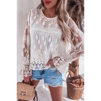 Beige Embroidered Mesh Flounce Sleeve Blouse - M thumbnail