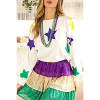 White Mardi Gras Star Printed Long Sleeve Top - S thumbnail