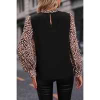Black Contrast Leopard Print Lantern Sleeve Blouse - S thumbnail