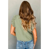 Meadow Mist Green V Neck Flutter Sleeve Textured Blouse - L thumbnail