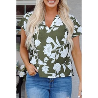 Green Floral Print Split Neck Short Sleeve Blouse - L thumbnail