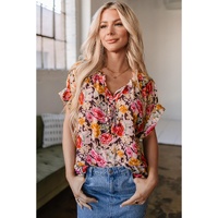 Pink Floral Print Crew Neck Short Sleeve Shift Blouse - L thumbnail