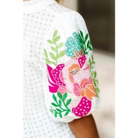 White Floral Embroidered Puff Sleeve Notched Neck Blouse - XL thumbnail