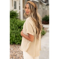 Parchment Crinkle Textured Frayed Trim Half Button Short Sleeve Top - L thumbnail