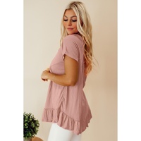 Pink Solid Short Sleeve Ruffle Hem Top - M thumbnail