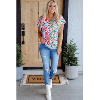 Green Contrast Leopard Print V Neck Short Sleeve Blouse - L thumbnail