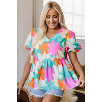 Pink Floral Print Bubble Sleeve V Neck Peplum Blouse - L thumbnail