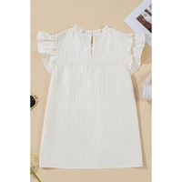White Solid Color Ruffle Trim Waffle Knit Blouse - M thumbnail