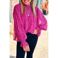 Rose Leopard Shirred Puff Sleeve Flowy Blouse - L thumbnail