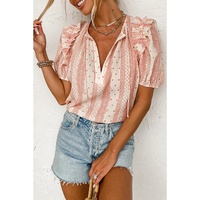 Red Frilled Short Puff Sleeve Mixed Print Blouse - L thumbnail