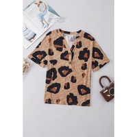 Light French Beige Leopard Folded Short Sleeve Buttoned V Neck Blouse - S thumbnail