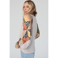 Parchment Contrast Printed Raglan Sleeves Patchwork V Neck Loose Top - L thumbnail