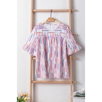 White Multicolor Striped Splash Half Sleeve Blouse - M thumbnail