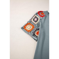 Medium Grey Floral Crochet Short Sleeve Top - M thumbnail