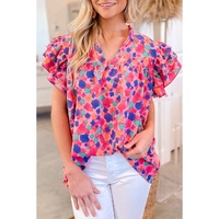 Rose Red Abstract Print Ruffled Sleeve V Neck Blouse - L thumbnail