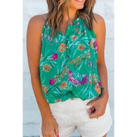 Bright Green Floral Print Buttoned Neckline Tank Top - XL thumbnail