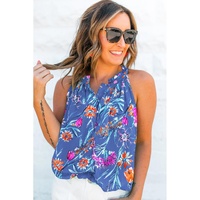 Sky Blue Floral Print Buttoned Neckline Tank Top - L thumbnail