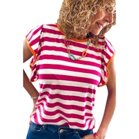 Rose Red Striped Ruffle Sleeve Crew Neck Blouse - L thumbnail