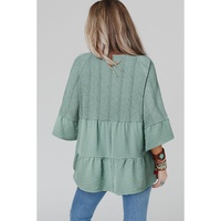 Laurel Green Tie Split Neck Textured Ruffle Patchwork Blouse - L thumbnail