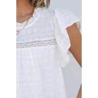 White Lace Neckline Flutter Sleeve Eyelets Blouse - S thumbnail