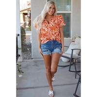Orange Floral Print Ruffled Short Puff Sleeve Split Neck Blouse - 2XL thumbnail